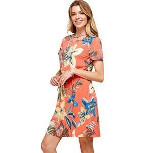 Coral Floral Drawstring Waist Mini Dress with Pockets